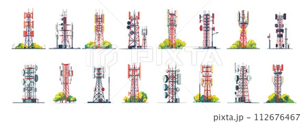 AI-generated content. 5g base stations satellite towers, cartoon gsm telecommunication transmitters vector set. Telekom tv radio wireless signal broadcasting equipment trees nature objects isolated on AI-generated content. 5g base stations satellite towers, cartoon gsm telecommunication transmitters vector set. Telekom tv radio wireless signal broadcasting equipment trees nature objects isolated on 112676467