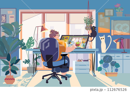 Fat woman working on a laptop while sitting at the table in a cozy interior. Adult or young programmer guy employee or student, wearing casual plus size wear. Vector flat style cartoon illustration Fat woman working on a laptop while sitting at the table in a cozy interior. Adult or young programmer guy employee or student, wearing casual plus size wear. Vector flat style cartoon illustration 112676526