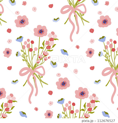 Delicate floral background in retro style. Bright backdrop for wallpaper and fabric with wild flowers. Suitable for cards, backgrounds and invitations. For bed linen, fabric and clothing. Vector 112676527