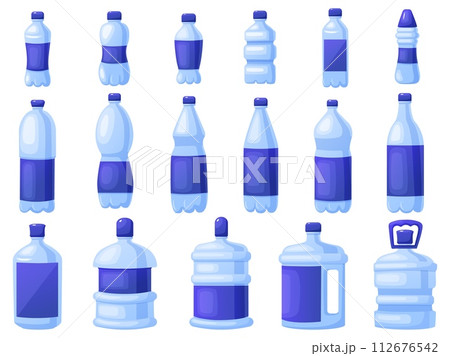 Cartoon water bottles set. Different plastic and glass liquid containers. Isolated professional packing icons set, decorative blue nowaday vector elements Cartoon water bottles set. Different plastic and glass liquid containers. Isolated professional packing icons set, decorative blue nowaday vector elements 112676542