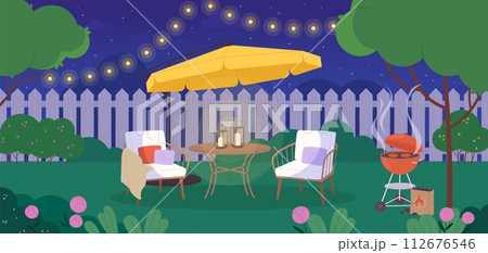 Bbq time. Night summer grill in garden. Cozy evening with lantern, barbecue food on backyard. Weekend resting or dating, racy vector scene 112676546
