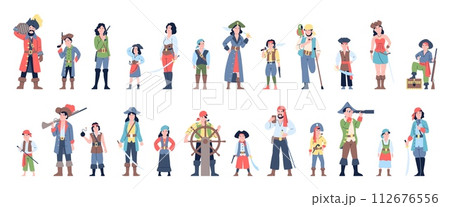 Adults and children pirates characters. Girls, boys wear carnival costumes. Street theater performers in amusement park. Sea adventures recent vector set 112676556