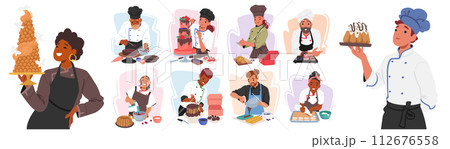 Confectioners Characters, Skilled Artisans Who Craft Sweet Treats Such As Candies, Chocolate or Pastries Confectioners Characters, Skilled Artisans Who Craft Sweet Treats Such As Candies, Chocolate or Pastries 112676558