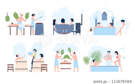 Relaxation in sauna. Hammam or steam room. Men and women resting in bath tube. Wellness spa and finnish bathhouse, flat recent vector scenes Relaxation in sauna. Hammam or steam room. Men and women resting in bath tube. Wellness spa and finnish bathhouse, flat recent vector scenes 112676568