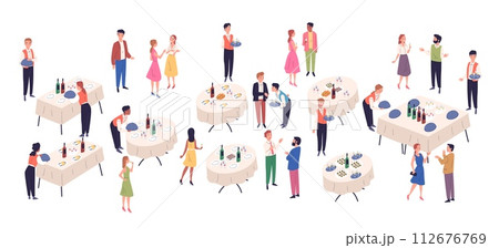 People at banquet table. Standing appetizer tables catering banquet service occasioned celebration wedding birthday party, enjoy restaurant food drink, classy vector illustration 112676769