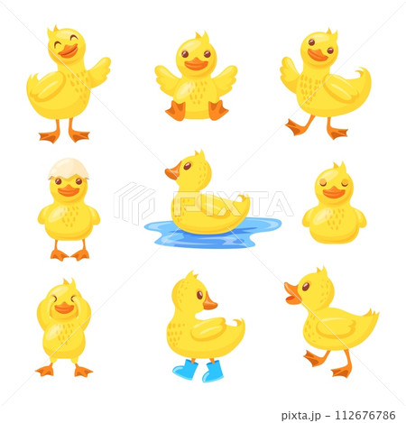 Duckling characters. Beautiful ducks newborn, cartoon cute ducklings emoji baby little duck spring activity funny yellow bird animal beak expression, neat set vector illustration Duckling characters. Beautiful ducks newborn, cartoon cute ducklings emoji baby little duck spring activity funny yellow bird animal beak expression, neat set vector illustration 112676786