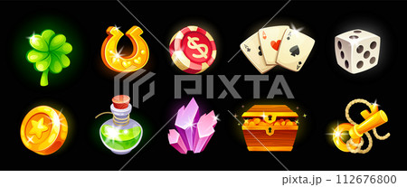 Rpg game slots. Magical gaming icons for mobile casino roulette, cartoon loot ui badge kit ancient treasure dice gold medal magic glow gems video games neoteric vector illustration Rpg game slots. Magical gaming icons for mobile casino roulette, cartoon loot ui badge kit ancient treasure dice gold medal magic glow gems video games neoteric vector illustration 112676800