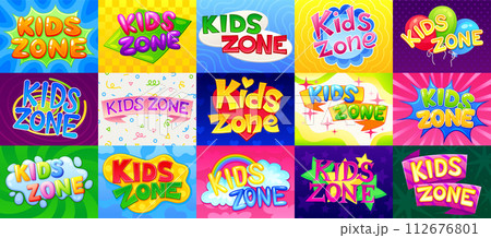 Kids zone emblems. Child playground zone badge, rainbow sign kid play toy area logo fun entertainment or baby education creative cartoon letter label, neoteric vector illustration 112676801