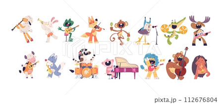 Animal musicians. Animals funny musician playing music instruments celebration party, lion with guitar zebra dance comic pig celebrating concert, cartoon classy vector illustration 112676804