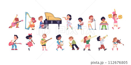 Kid musician characters. Children playing instruments, young orchestra band music lesson, fun kids play sing drums violin percussion Kid musician characters. Children playing instruments, young orchestra band music lesson, fun kids play sing drums violin percussion 112676805