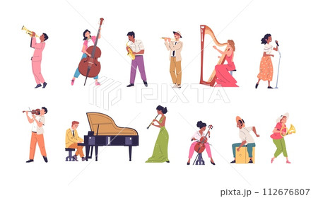 Musicians orchestra characters. Musician philharmonic band performing opera performance classic musical instrument player trumpet drums sax contrabass, classy vector illustration Musicians orchestra characters. Musician philharmonic band performing opera performance classic musical instrument player trumpet drums sax contrabass, classy vector illustration 112676807