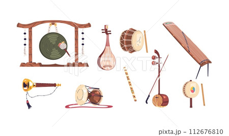 Korean musical instruments. Traditional music instrument of Korea, piping instrumentation for festival performance, chinese loquat samulnori drum gong, classy vector illustration 112676810