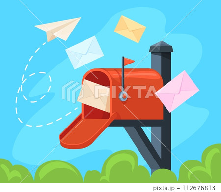 Mailbox banner. Cartoon cute postbox letters or postcards, postal newsletter service subscribe, business email message send news from post box, letterbox neat vector illustration 112676813