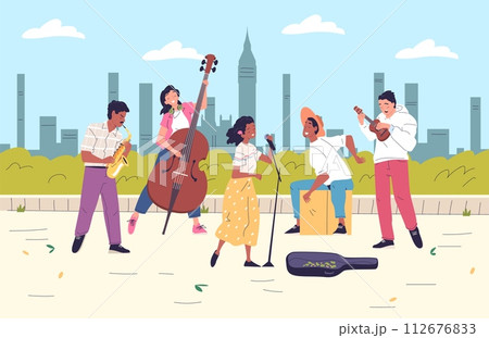 Street musician band. Young performers singing microphone playing musical instruments, outside concert in town square outdoor garden, busking musicians classy vector illustration 112676833