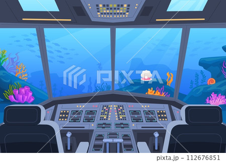 Submarine cockpit. Underwater marine cabin inside cartoon interior, ship boat control dashboard with radar technology, ocean sea water aqua background in window vector illustration 112676851