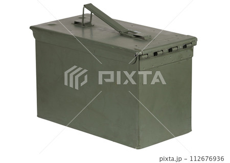 US army green metal ammo can for gun cartridges. 112676936