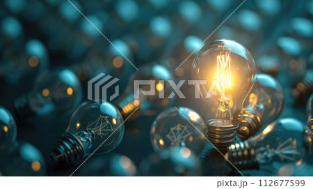 A 3D render of a shining light bulb standing next to extinguished ones, symbolizing a brilliant idea, Ai Generated 112677599