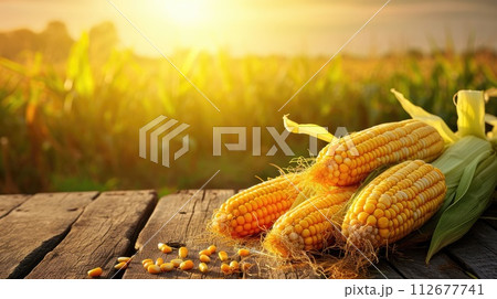 Rustic display of corn cobs on wood, set against a lush cornfield backdrop, Ai Generated. 112677741