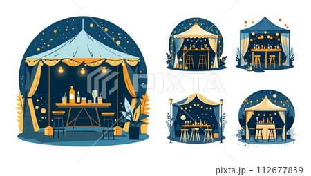 AI-generated content. Event parties tents cartoon concepts vector set. Open space bar counter stools drinks cocktails accessories, garland night sky stars elements, illustrations isolated on white 112677839