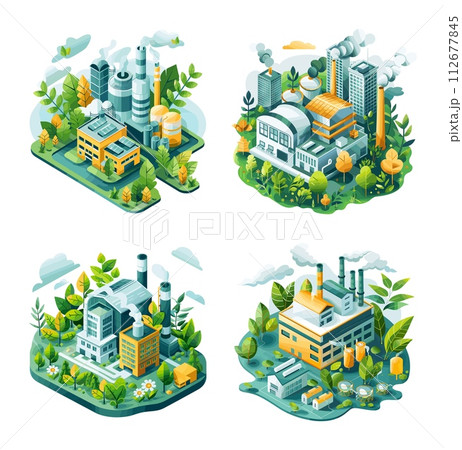 AI-generated content. Eco factory isometric vector concepts. Ecologically clean green power facility plants, pipes heavy industry buildings, flora leafs clouds elements illustrations isolated on white 112677845
