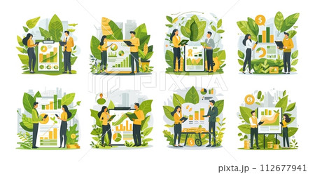 AI-generated content. Business analytics charts infographics scenes vector set. Men women coins holding tablets laptops clipboards characters, leaves petals stems background isolated illustrations 112677941