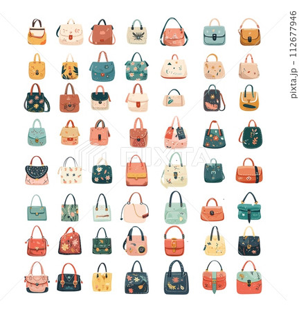 AI-generated content. Bags cartoon vector set. Storage womens fashion accessories different models floral patterns design illustrations isolated on white background AI-generated content. Bags cartoon vector set. Storage womens fashion accessories different models floral patterns design illustrations isolated on white background 112677946