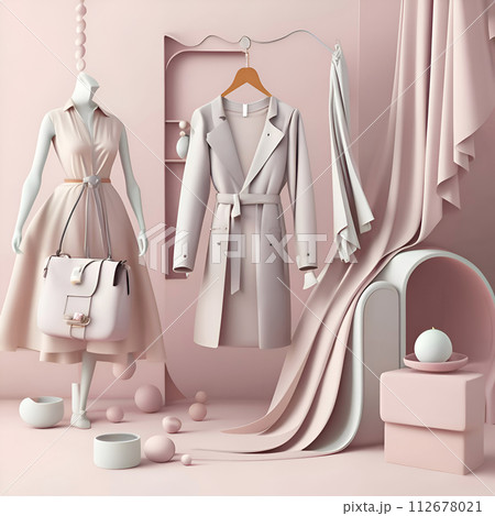fashionable female clothes against dust pink background. conceptual digital artwork for branding and marketing fashion brands. Ai generated 112678021