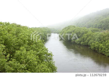 大きな川と緑のある風景　北海道黒松内町朱太川 112678239