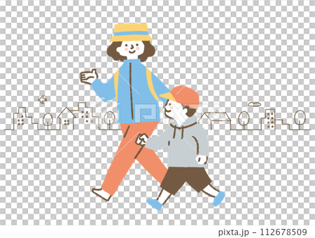 一個男孩和他的母親戴著帽子外出 一個男孩和他的母親戴著帽子外出 112678509