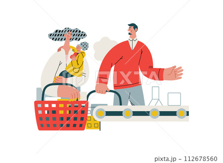 Mutual Support: Skip ahead in line -modern flat vector concept illustration of man letting woman with child go ahead in shop checkout line A metaphor of voluntary, collaborative exchanges of services 112678560
