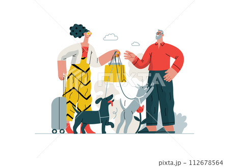 Mutual Support: Pet-sitting -modern flat vector concept illustration of a woman going on vacation leaving her dogs with neighbor. A metaphor of voluntary, collaborative exchanges of resource, services 112678564
