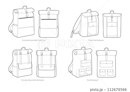 Set of foldable, Expandable, Travel backpack silhouette bag. Fashion accessory technical illustration. Vector schoolbag 112678566