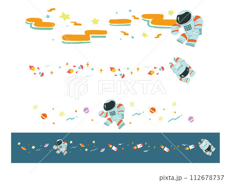 宇宙服を着た人と宇宙のポップなラインイラストセット 112678737