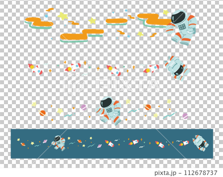 宇宙服を着た人と宇宙のポップなラインイラストセット 112678737