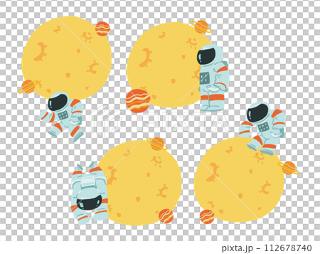 Pop frame illustration set of people in spacesuits, the moon and planets 112678740