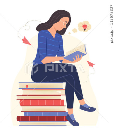 Woman Sitting on Stack of Books and Thinking Creative Idea while Reading a Book Concept Illustration Woman Sitting on Stack of Books and Thinking Creative Idea while Reading a Book Concept Illustration 112678837