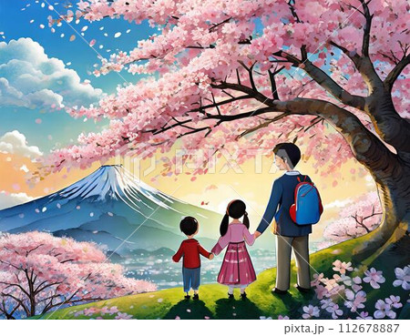 満開の桜の木下で、お花見をする家族 112678887