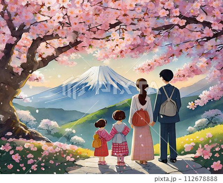 満開の桜の木下で、お花見をする家族 112678888