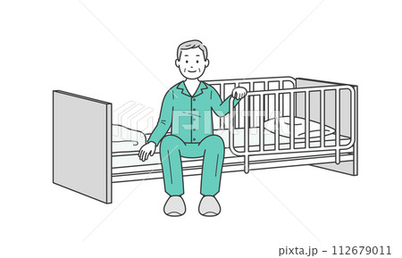 ベッドサイドに座る高齢男性と介護ベッドのイラスト 112679011