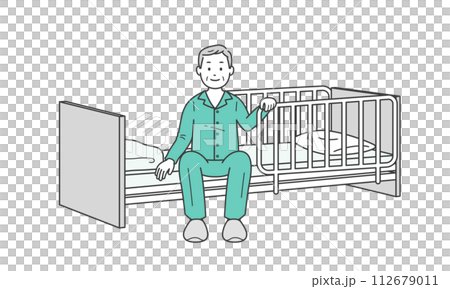 ベッドサイドに座る高齢男性と介護ベッドのイラスト 112679011