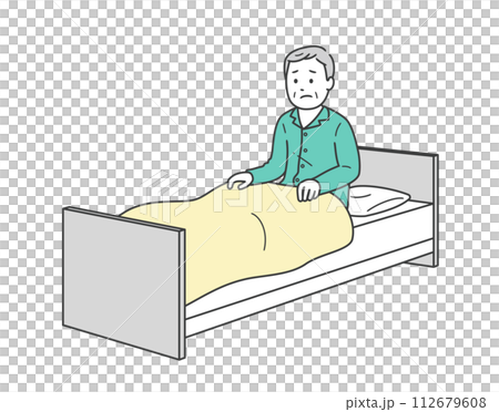 ベッドから起き上がるパジャマ姿で体調不良の高齢男性と介護ベッド 112679608
