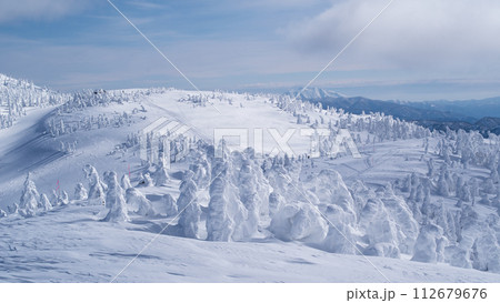 森吉山冬の絶景 樹氷群と遠く秋田駒ヶ岳 秋田県 森吉山冬の絶景 樹氷群と遠く秋田駒ヶ岳 秋田県 112679676