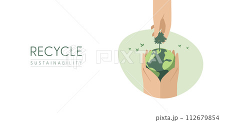 Human hands holding Earth globe to Planting the tree. Earth Day, World Environment and Save the Earth concept. Sustainable ecology and environment conservation concept design. Vector illustration. 112679854
