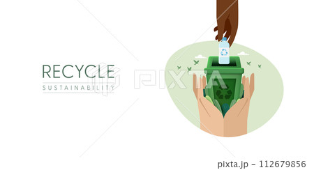 Recycle Concept. Human Hand collecting plastic Bottle into recycling garbage bin. Plastic pollution problem concept. Vector Illustration. 112679856