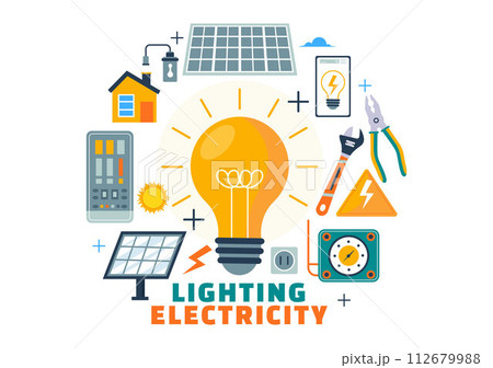 Lighting and Electricity Vector Illustration with Lamp and Energy Maintenance Service Panel Cabinet of Technician Electrical Work on Flat Background Lighting and Electricity Vector Illustration with Lamp and Energy Maintenance Service Panel Cabinet of Technician Electrical Work on Flat Background 112679988