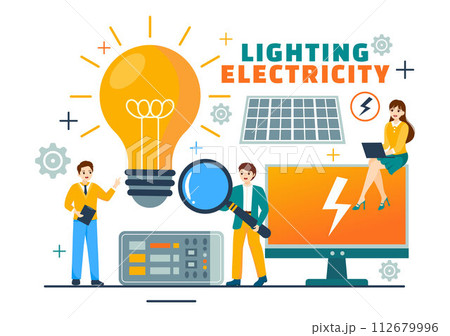 Lighting and Electricity Vector Illustration with Lamp and Energy Maintenance Service Panel Cabinet of Technician Electrical Work on Flat Background Lighting and Electricity Vector Illustration with Lamp and Energy Maintenance Service Panel Cabinet of Technician Electrical Work on Flat Background 112679996
