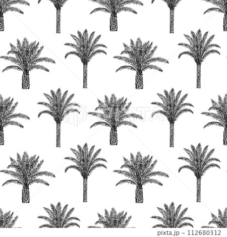 Seamless pattern with palm trees trees and leaves. Toile de Jouy retro engraving style. 112680312