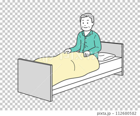 一位穿著睡衣的微笑老人起床和一張護理床 一位穿著睡衣的微笑老人起床和一張護理床 112680582