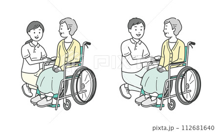 車椅子の高齢女性と介助ををする介護士イラストセット 車椅子の高齢女性と介助ををする介護士イラストセット 112681640