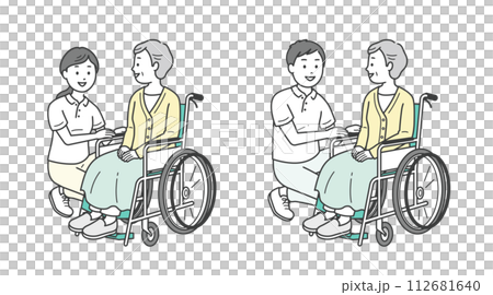 車椅子の高齢女性と介助ををする介護士イラストセット 車椅子の高齢女性と介助ををする介護士イラストセット 112681640